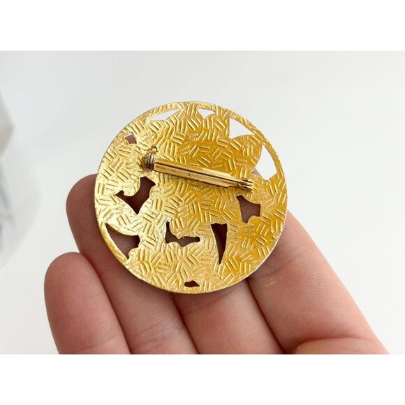 Blue Cloissone Floral Circular Gold Toned XL 90's Vintage Lapel Brooch Pin - Picture 6 of 9